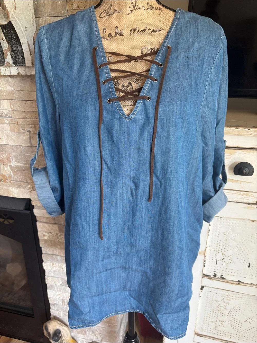 Karen by Karen Kane chambray tunic top brown lace-up v-neck and roll tab sleeves